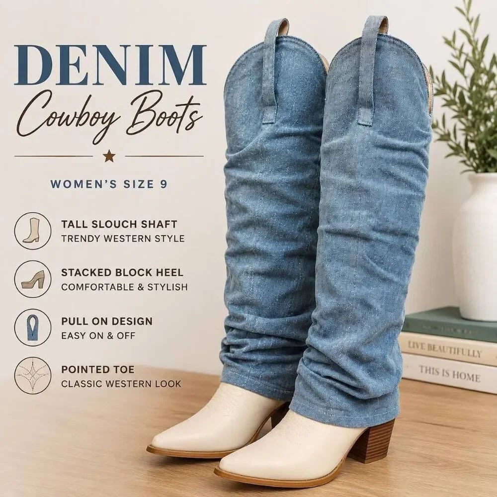 Denim Slouch Cowboy Boots Women Size 9 Cream Pointed Toe Western Tall Pull On